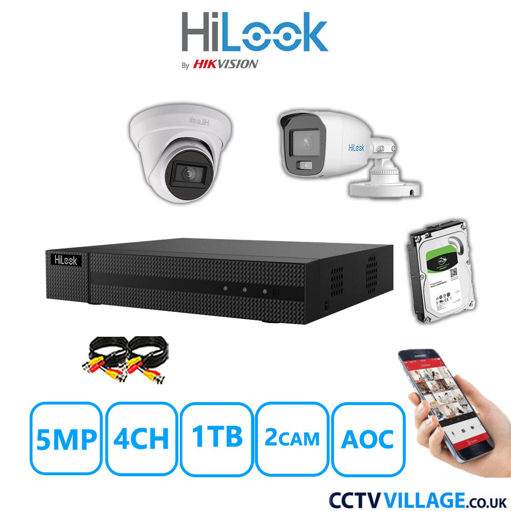 HiLook 5MP Mix CCTV System 4 Channel DVR-204Q-M1 with 1xTurret Camera THC-T250-MS White & 1xBullet Camera THC-B159-MS White 1TB HDD Full Kit