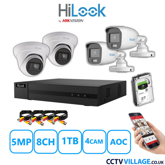 HiLook 5MP Mix CCTV System 8 Channel DVR-208Q-M1 with 2xTurret Cameras THC-T250-MS White & 2xBullet Cameras THC-B159-MS White 1TB HDD Full Kit