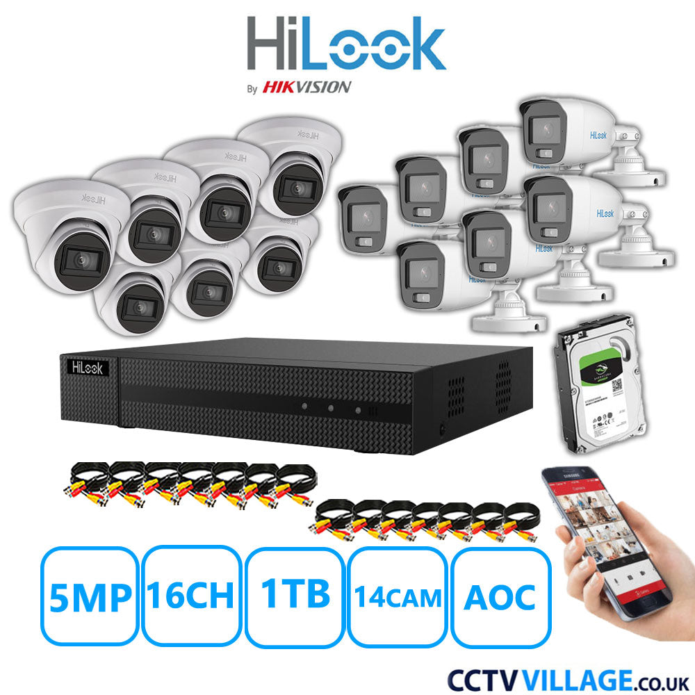 HiLook 5MP Mix CCTV System 16 Channel DVR-216Q-M1 with 7xTurret Cameras THC-T250-MS White & 7xBullet Cameras THC-B159-MS White 1TB HDD Full Kit