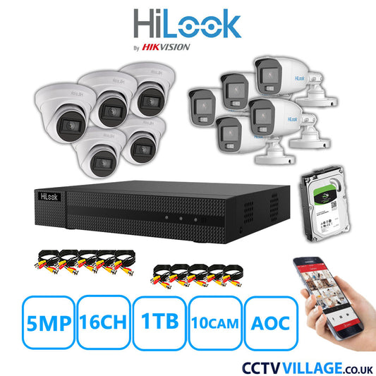 HiLook 5MP Mix CCTV System 16 Channel DVR-216Q-M1 with 5xTurret Cameras THC-T250-MS White & 5xBullet Cameras THC-B159-MS White 1TB HDD Full Kit