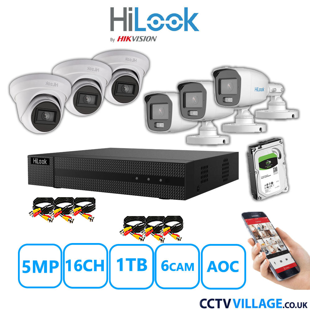 HiLook 5MP Mix CCTV System 16 Channel DVR-216Q-M1 with 3xTurret Cameras THC-T250-MS White & 3xBullet Cameras THC-B159-MS White 1TB HDD Full Kit