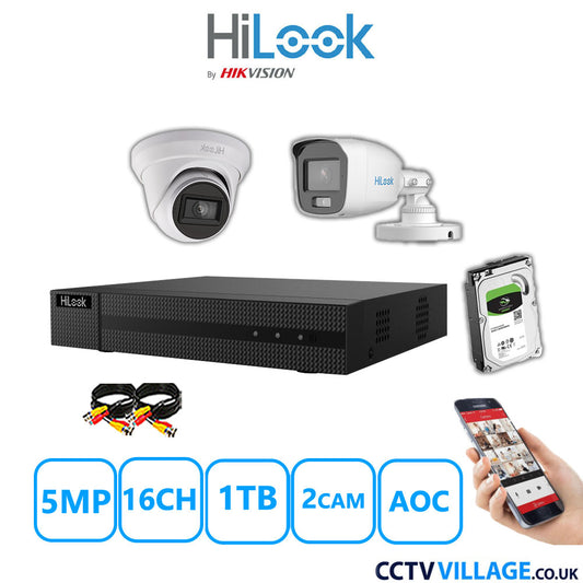 HiLook 5MP Mix CCTV System 16 Channel DVR-216Q-M1 with 1xTurret Camera THC-T250-MS White & 1xBullet Camera THC-B159-MS White 1TB HDD Full Kit