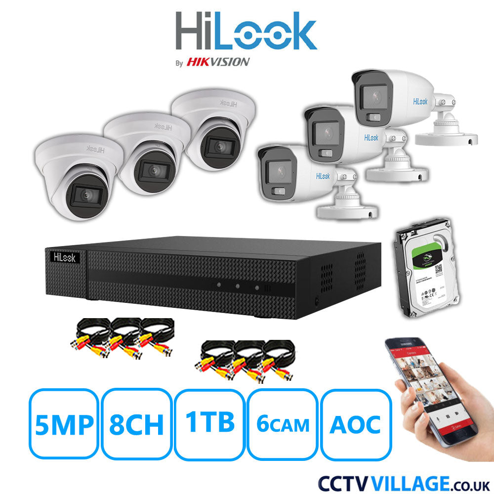 HiLook 5MP Mix CCTV System 8 Channel DVR-208Q-M1 with 3xTurret Cameras THC-T250-MS White & 3xBullet Cameras THC-B159-MS White 1TB HDD Full Kit