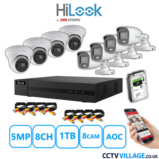 HiLook 5MP Mix CCTV System 8 Channel DVR-208Q-M1 with 4xTurret Cameras THC-T250-MS White & 4xBullet Cameras THC-B159-MS White 1TB HDD Full Kit