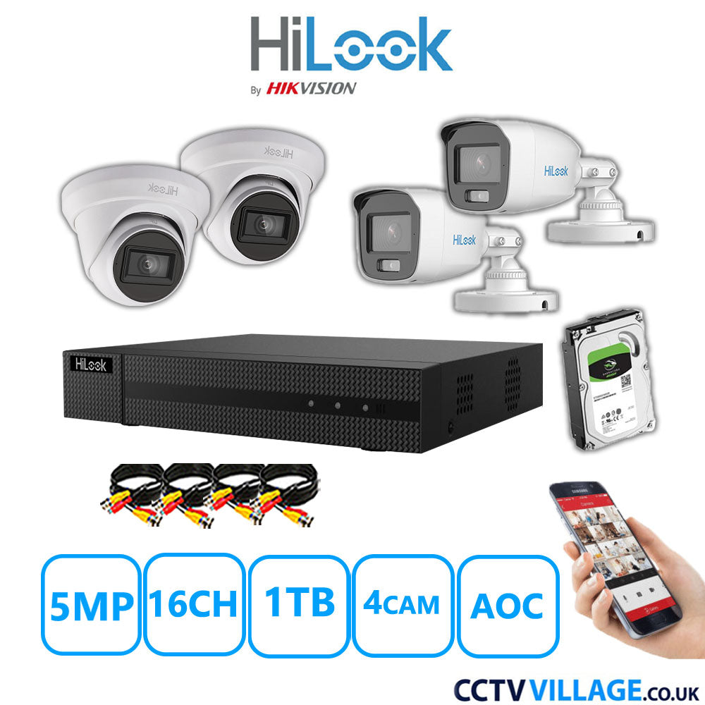 HiLook 5MP Mix CCTV System 16 Channel DVR-216Q-M1 with 2xTurret Cameras THC-T250-MS White & 2xBullet Cameras THC-B159-MS White 1TB HDD Full Kit