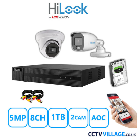 HiLook 5MP Mix CCTV System 8 Channel DVR-208Q-M1 with 1xTurret Camera THC-T250-MS White & 1xBullet Camera THC-B159-MS White 1TB HDD Full Kit