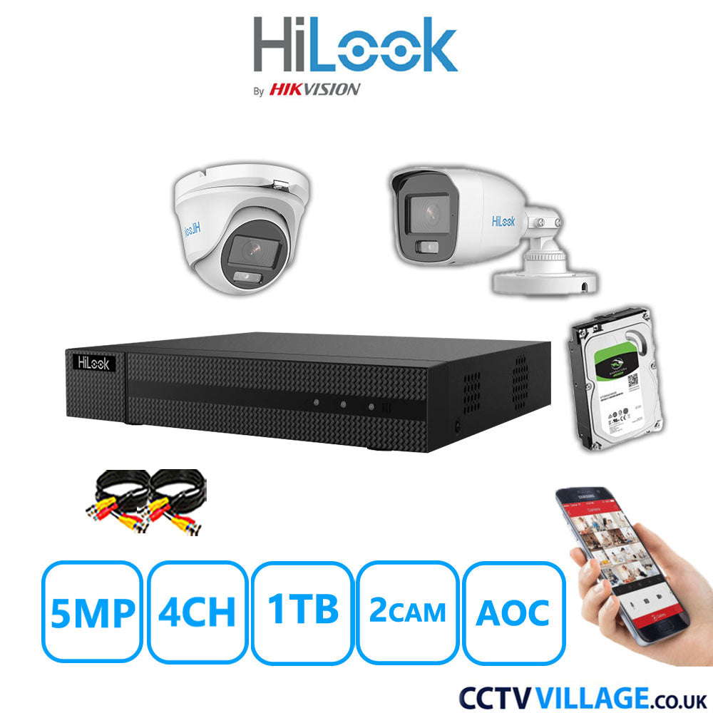 HiLook 5MP Mix CCTV System 4 Channel DVR-204Q-M1 with 1xTurret Camera THC-T159-MS White & 1xBullet Camera THC-B159-MS White 1TB HDD Full Kit