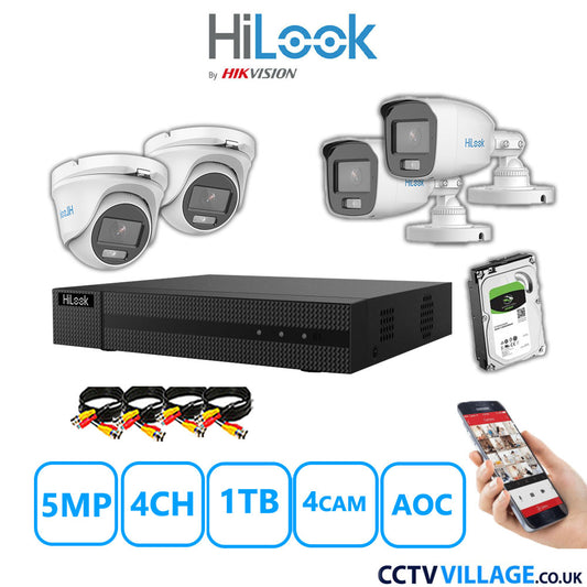 HiLook 5MP Mix CCTV System 4 Channel DVR-204Q-M1 with 2xTurret Cameras THC-T159-MS White & 2xBullet Cameras THC-B159-MS White 1TB HDD Full Kit