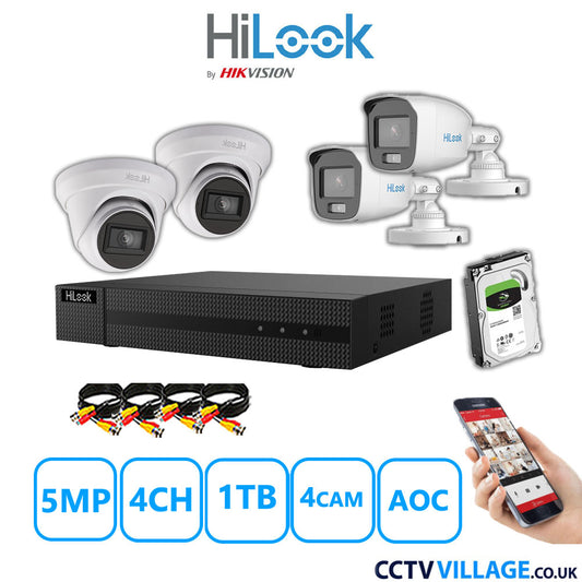 HiLook 5MP Mix CCTV System 4 Channel DVR-204Q-M1 with 2xTurret Cameras THC-T250-MS White & 2xBullet Cameras THC-B159-MS White 1TB HDD Full Kit