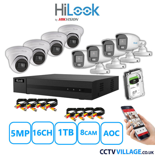 HiLook 5MP Mix CCTV System 16 Channel DVR-216Q-M1 with 4xTurret Cameras THC-T250-MS White & 4xBullet Cameras THC-B159-MS White 1TB HDD Full Kit