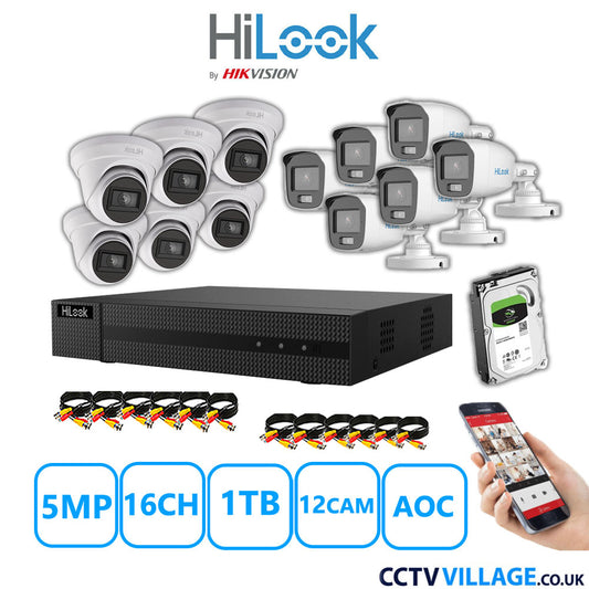 HiLook 5MP Mix CCTV System 16 Channel DVR-216Q-M1 with 6xTurret Cameras THC-T250-MS White & 6xBullet Cameras THC-B159-MS White 1TB HDD Full Kit