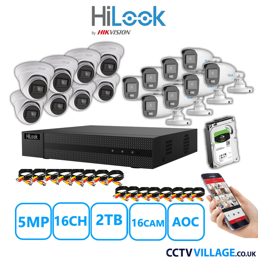 HiLook 5MP Mix CCTV System 16 Channel DVR-216Q-M1 with 8xTurret Cameras THC-T250-MS White & 8xBullet Cameras THC-B159-MS White 2TB HDD Full Kit