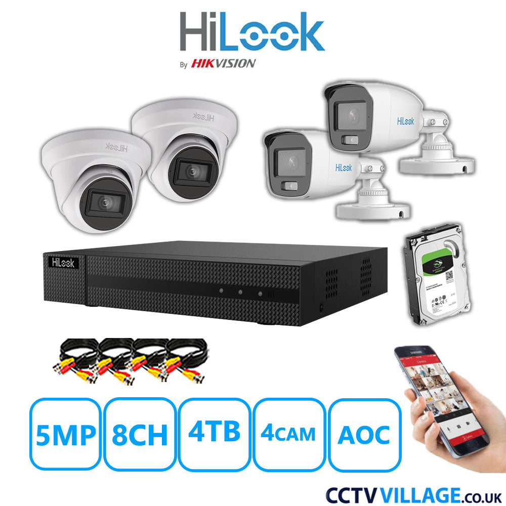 HiLook 5MP Mix CCTV System 8 Channel DVR-208Q-M1 with 2xTurret Cameras THC-T250-MS White & 2xBullet Cameras THC-B159-MS White 4TB HDD Full Kit