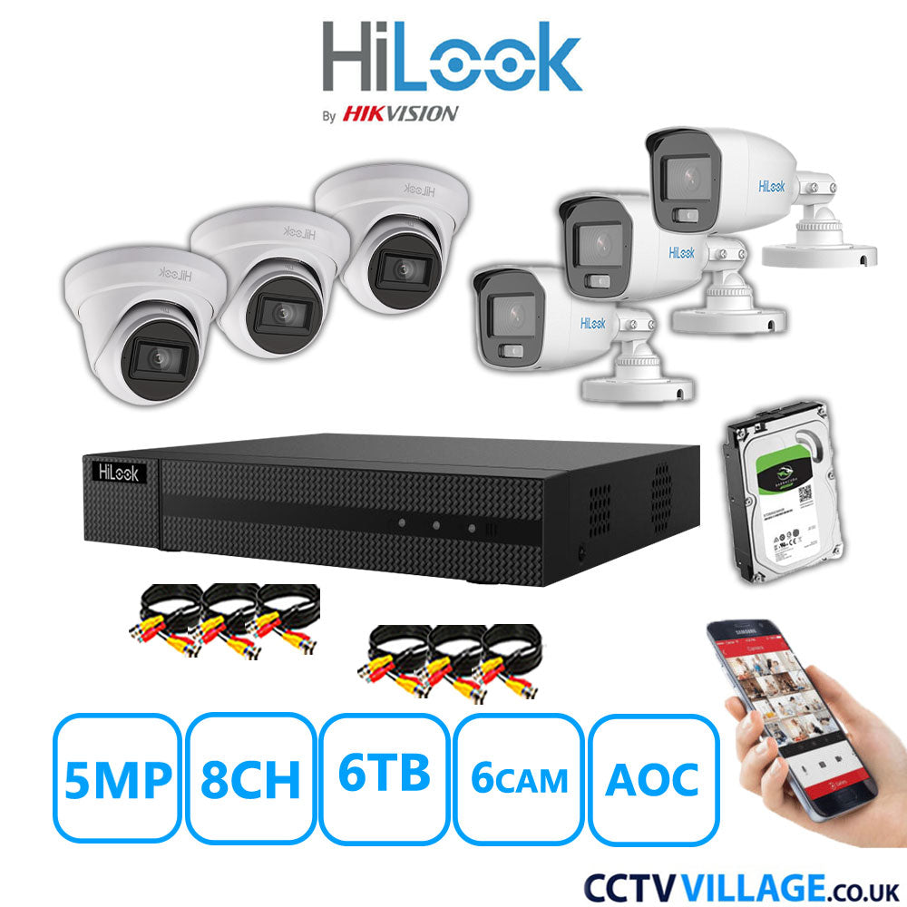 HiLook 5MP Mix CCTV System 8 Channel DVR-208Q-M1 with 3xTurret Cameras THC-T250-MS White & 3xBullet Cameras THC-B159-MS White 6TB HDD Full Kit