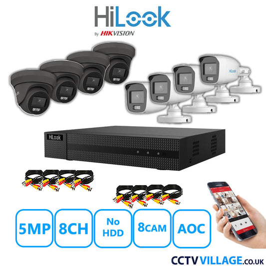 HiLook 5MP Mix CCTV System 8 Channel DVR-208Q-M1 with 4xTurret Cameras THC-T259-MS Grey & 4xBullet Cameras THC-B159-MS White No HDD Full Kit