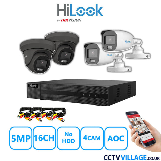 HiLook 5MP Mix CCTV System 16 Channel DVR-216Q-M1 with 2xTurret Cameras THC-T259-MS Grey & 2xBullet Cameras THC-B159-MS White No HDD Full Kit