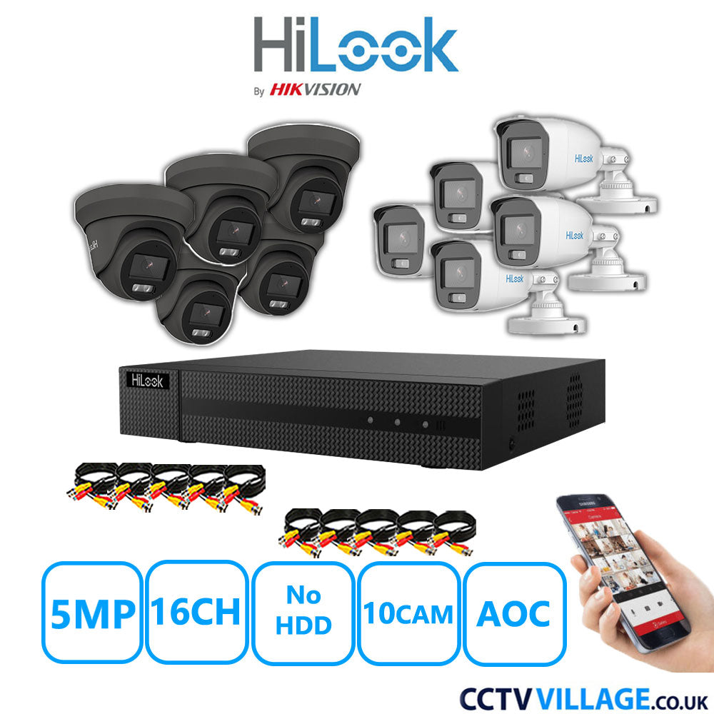 HiLook 5MP Mix CCTV System 16 Channel DVR-216Q-M1 with 5xTurret Cameras THC-T259-MS Grey & 5xBullet Cameras THC-B159-MS White No HDD Full Kit