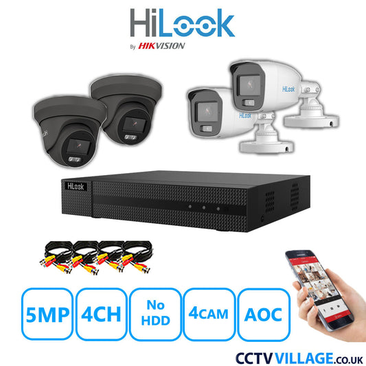 HiLook 5MP Mix CCTV System 4 Channel DVR-204Q-M1 with 2xTurret Cameras THC-T259-MS Grey & 2xBullet Cameras THC-B159-MS White No HDD Full Kit