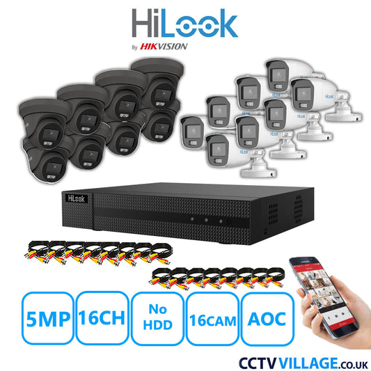 HiLook 5MP Mix CCTV System 16 Channel DVR-216Q-M1 with 8xTurret Cameras THC-T259-MS Grey & 8xBullet Cameras THC-B159-MS White No HDD Full Kit