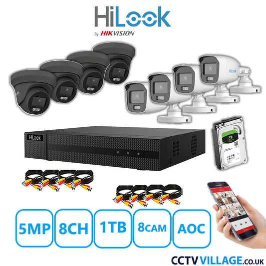 HiLook 5MP Mix CCTV System 8 Channel DVR-208Q-M1 with 4xTurret Cameras THC-T259-MS Grey & 4xBullet Cameras THC-B159-MS White 1TB HDD Full Kit