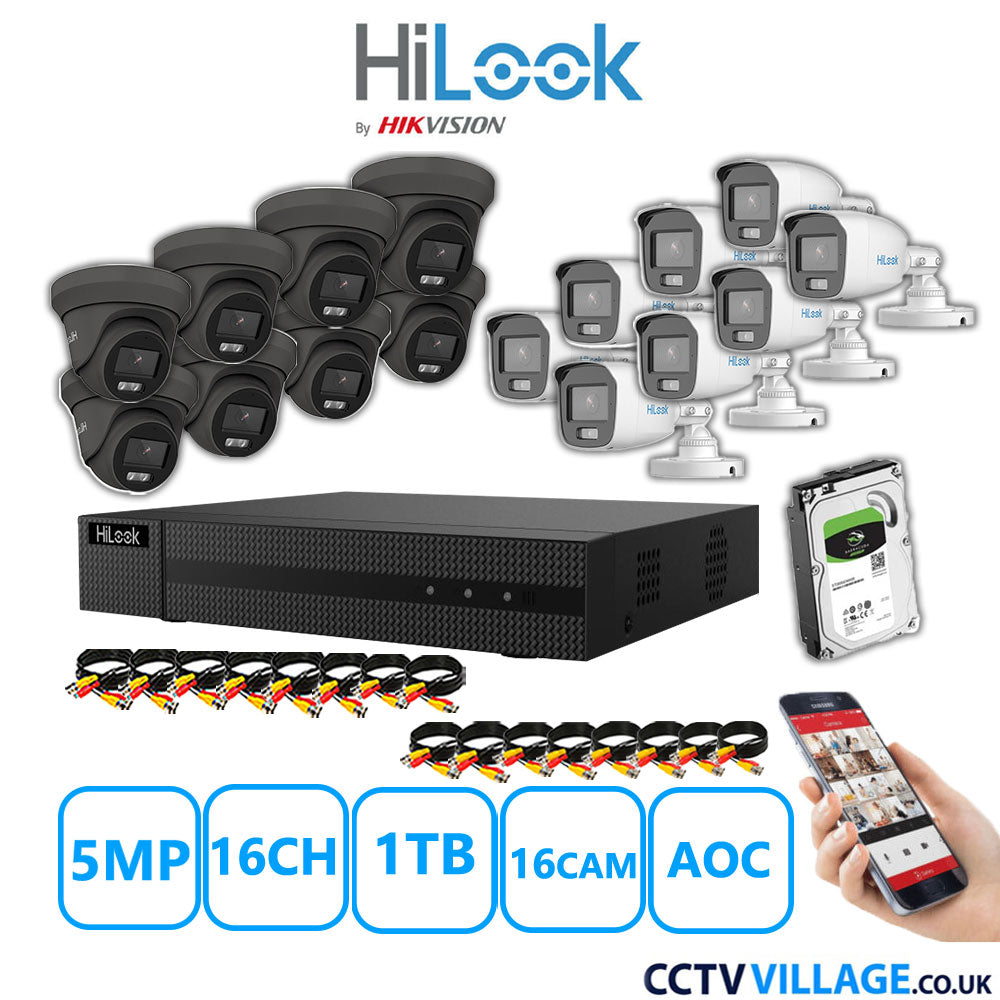 HiLook 5MP Mix CCTV System 16 Channel DVR-216Q-M1 with 8xTurret Cameras THC-T259-MS Grey & 8xBullet Cameras THC-B159-MS White 1TB HDD Full Kit