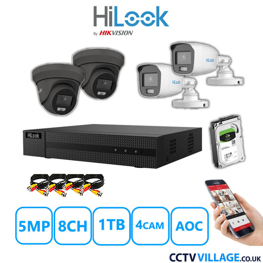 HiLook 5MP Mix CCTV System 8 Channel DVR-208Q-M1 with 2xTurret Cameras THC-T259-MS Grey & 2xBullet Cameras THC-B159-MS White 1TB HDD Full Kit