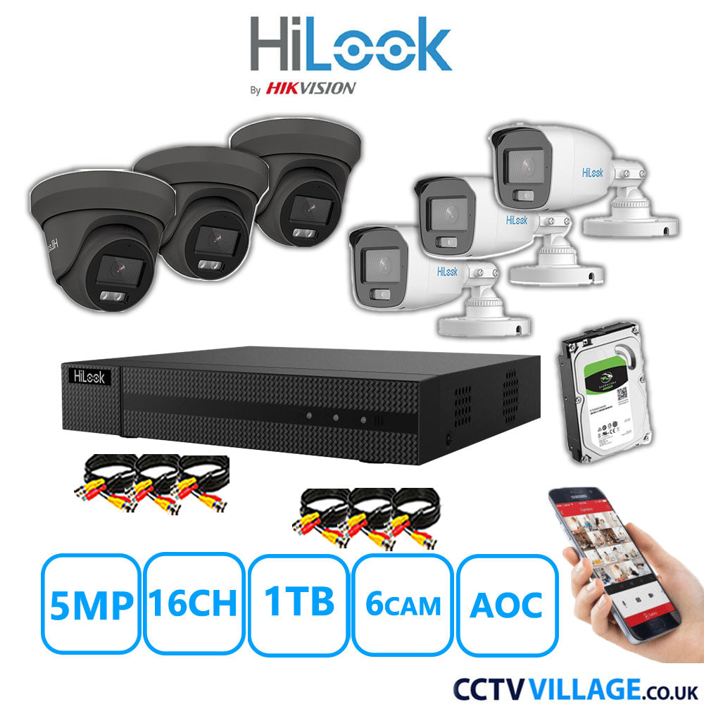 HiLook 5MP Mix CCTV System 16 Channel DVR-216Q-M1 with 3xTurret Cameras THC-T259-MS Grey & 3xBullet Cameras THC-B159-MS White 1TB HDD Full Kit