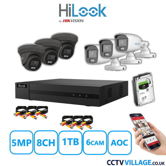 HiLook 5MP Mix CCTV System 8 Channel DVR-208Q-M1 with 3xTurret Cameras THC-T259-MS Grey & 3xBullet Cameras THC-B159-MS White 1TB HDD Full Kit