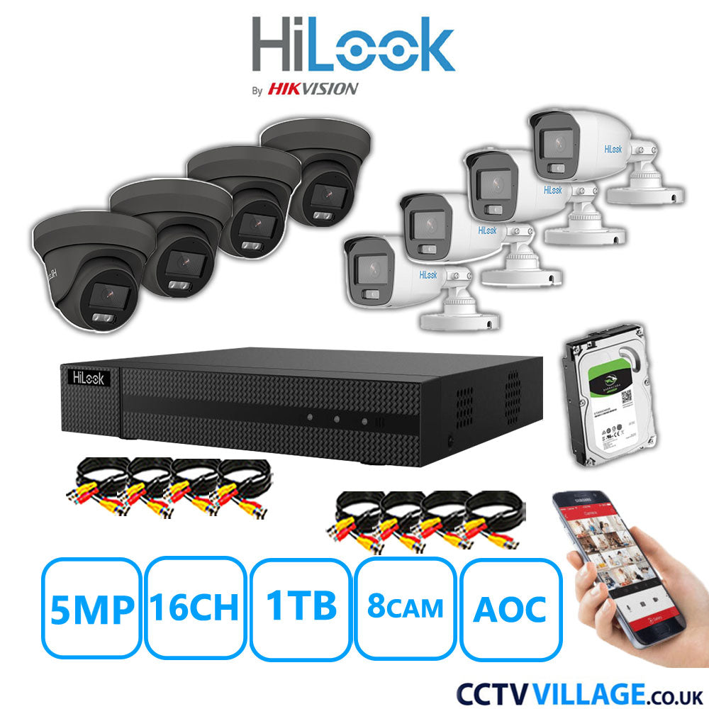 HiLook 5MP Mix CCTV System 16 Channel DVR-216Q-M1 with 4xTurret Cameras THC-T259-MS Grey & 4xBullet Cameras THC-B159-MS White 1TB HDD Full Kit