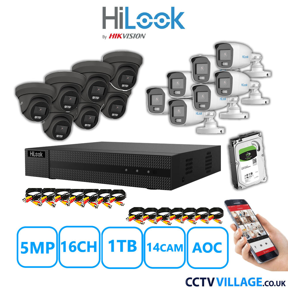 HiLook 5MP Mix CCTV System 16 Channel DVR-216Q-M1 with 7xTurret Cameras THC-T259-MS Grey & 7xBullet Cameras THC-B159-MS White 1TB HDD Full Kit