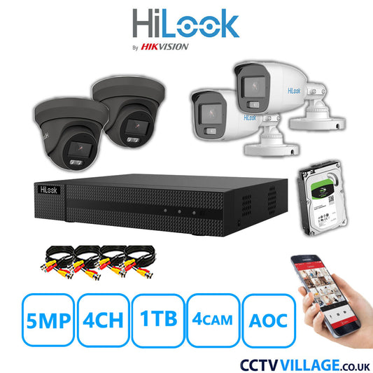 HiLook 5MP Mix CCTV System 4 Channel DVR-204Q-M1 with 2xTurret Cameras THC-T259-MS Grey & 2xBullet Cameras THC-B159-MS White 1TB HDD Full Kit