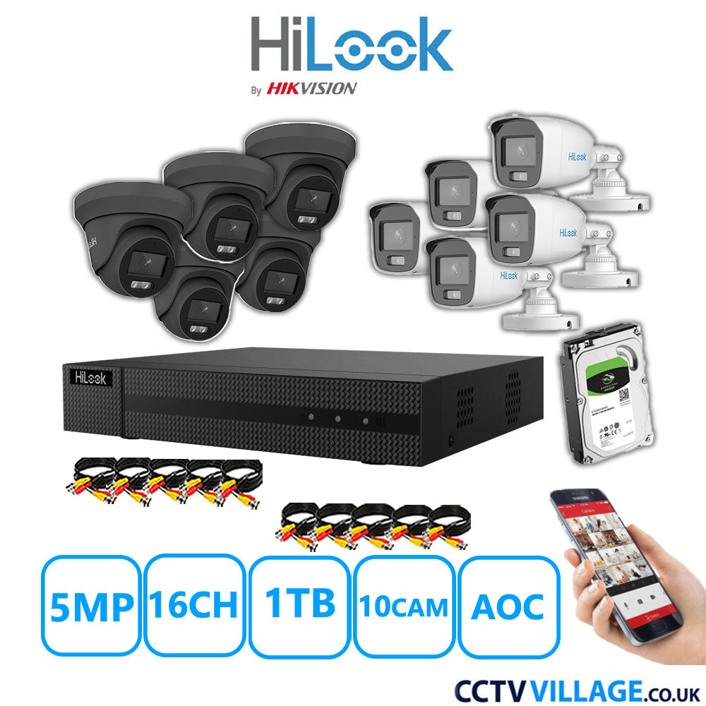 HiLook 5MP Mix CCTV System 16 Channel DVR-216Q-M1 with 5xTurret Cameras THC-T259-MS Grey & 5xBullet Cameras THC-B159-MS White 1TB HDD Full Kit