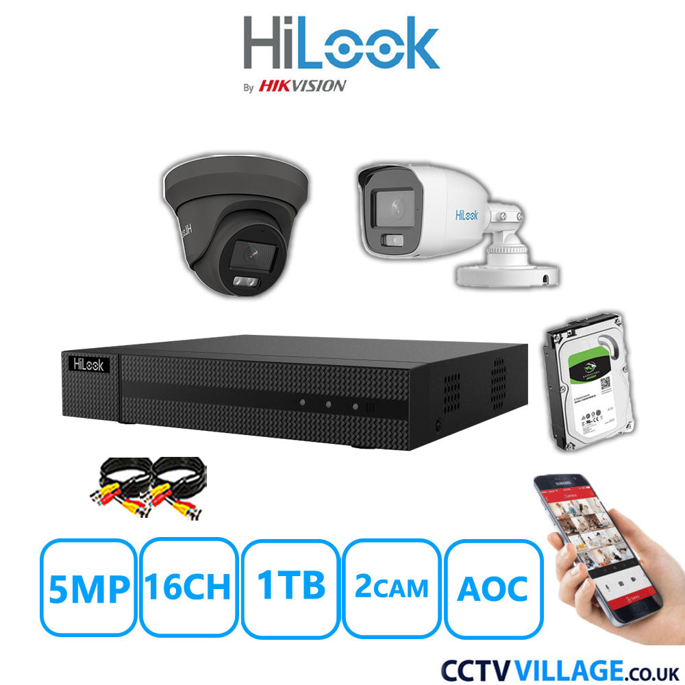 HiLook 5MP Mix CCTV System 16 Channel DVR-216Q-M1 with 1xTurret Camera THC-T259-MS Grey & 1xBullet Camera THC-B159-MS White 1TB HDD Full Kit