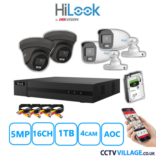 HiLook 5MP Mix CCTV System 16 Channel DVR-216Q-M1 with 2xTurret Cameras THC-T259-MS Grey & 2xBullet Cameras THC-B159-MS White 1TB HDD Full Kit