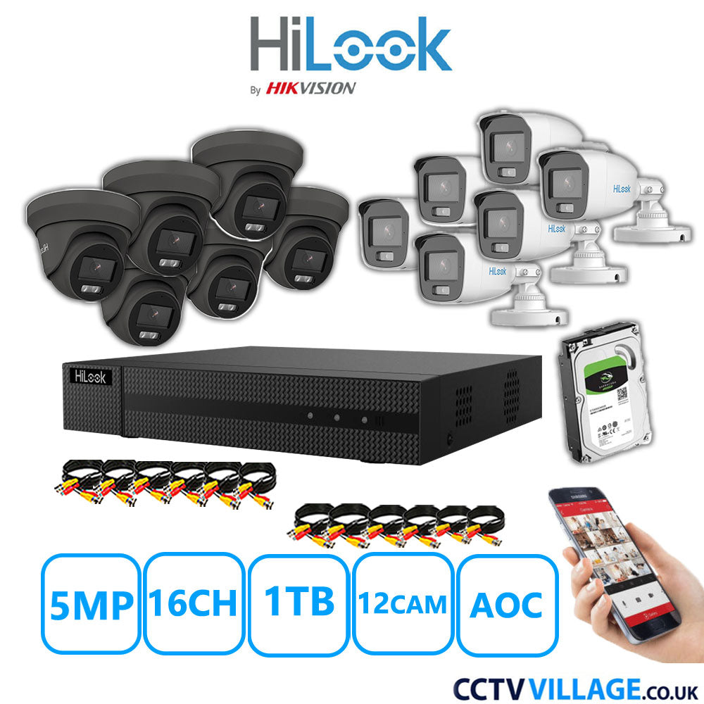 HiLook 5MP Mix CCTV System 16 Channel DVR-216Q-M1 with 6xTurret Cameras THC-T259-MS Grey & 6xBullet Cameras THC-B159-MS White 1TB HDD Full Kit