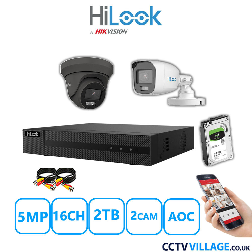 HiLook 5MP Mix CCTV System 16 Channel DVR-216Q-M1 with 1xTurret Camera THC-T259-MS Grey & 1xBullet Camera THC-B159-MS White 2TB HDD Full Kit