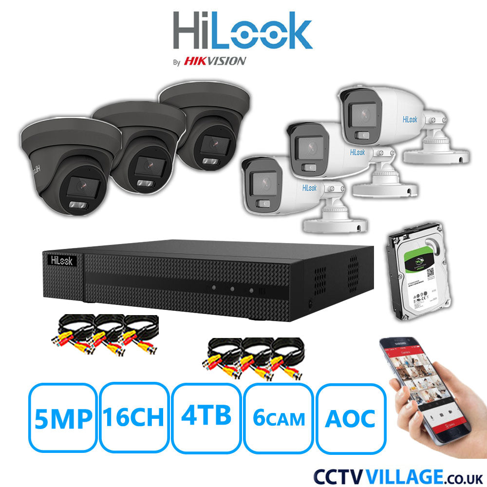 HiLook 5MP Mix CCTV System 16 Channel DVR-216Q-M1 with 3xTurret Cameras THC-T259-MS Grey & 3xBullet Cameras THC-B159-MS White 4TB HDD Full Kit