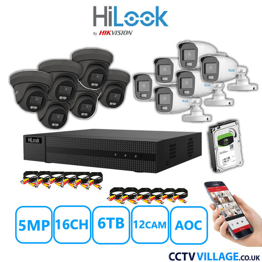 HiLook 5MP Mix CCTV System 16 Channel DVR-216Q-M1 with 6xTurret Cameras THC-T259-MS Grey & 6xBullet Cameras THC-B159-MS White 6TB HDD Full Kit