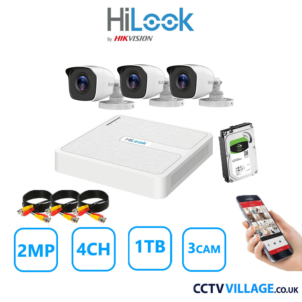 HiLook 2MP CCTV Kit 4 Channel DVR-104G-K1 with 3 Bullet Cameras THC-B120-MC White 1TB HDD Full Kit