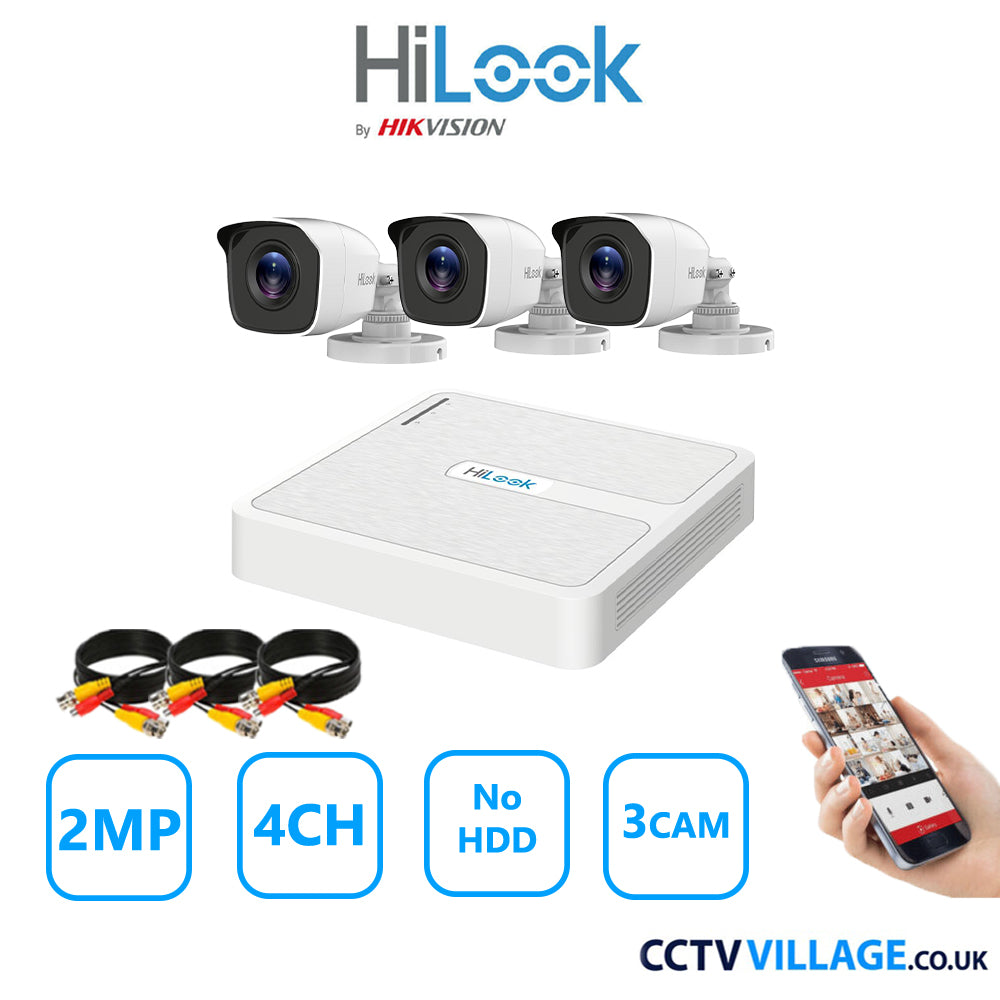 HiLook 2MP CCTV Kit 4 Channel DVR-104G-K1 with 3 Bullet Cameras THC-B120-MC White No HDD Full Kit