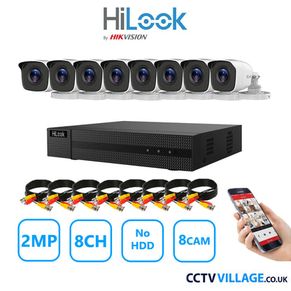 HiLook 2MP CCTV System 8 Channel DVR-208G-K1 with 8 Bullet Cameras THC-B120-MC White NO HDD Full Kit