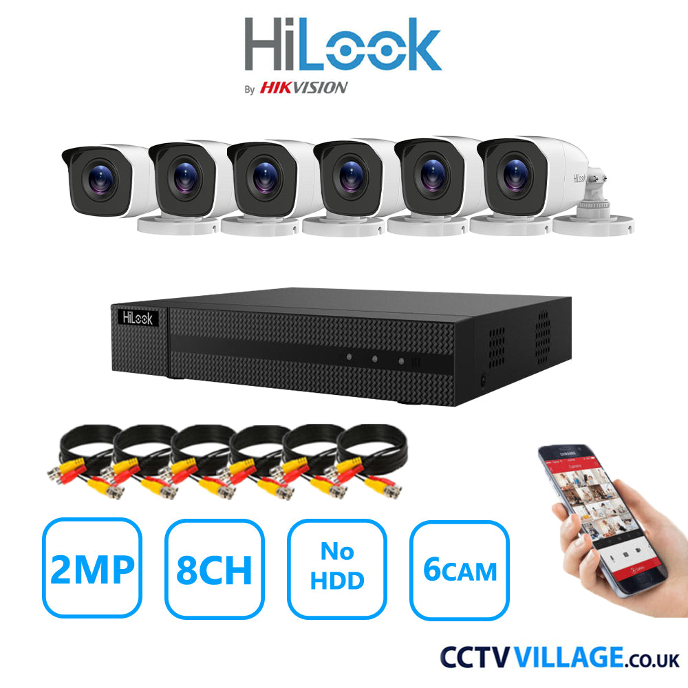 HiLook 2MP CCTV Kit 8 Channel DVR-208G-K1 with 6 Bullet Cameras THC-B120-MC White NO HDD Full Kit