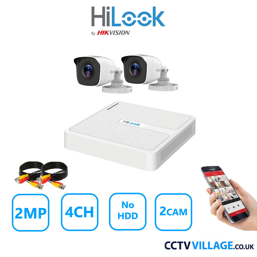 HiLook 2MP CCTV Kit 4 Channel DVR-104G-K1 with 2 Bullet Cameras THC-B120-MC White No HDD Full Kit