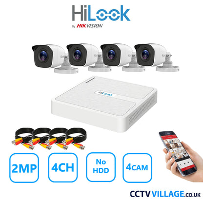 HiLook 2MP CCTV System 4 Channel DVR-104G-K1 with 4 Bullet Cameras THC-B120-MC White No HDD Full Kit