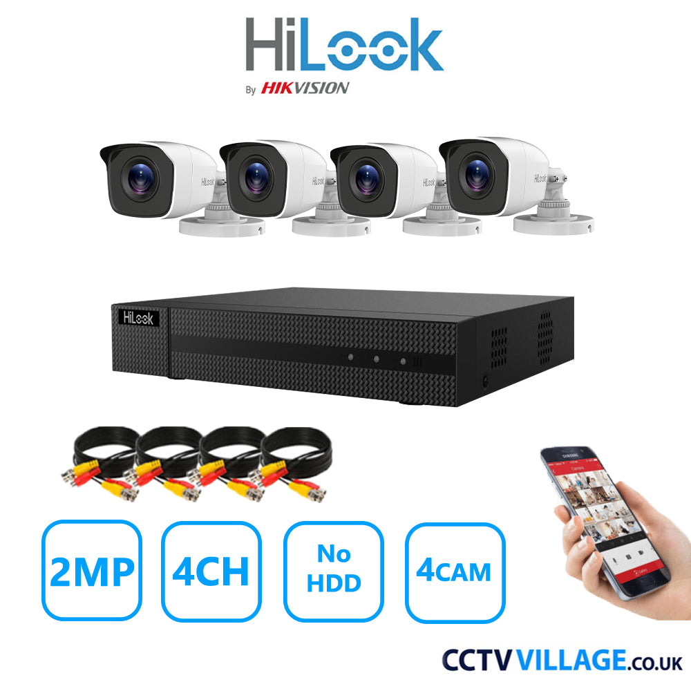 HiLook 2MP CCTV Kit 4 Channel DVR-204G-K1 with 4 Bullet Cameras THC-B120-MC White NO HDD Full Kit