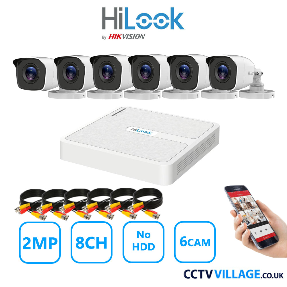 HiLook 2MP CCTV Kit 8 Channel DVR-108G-K1 with 6 Bullet Cameras THC-B120-MC White NO HDD Full Kit