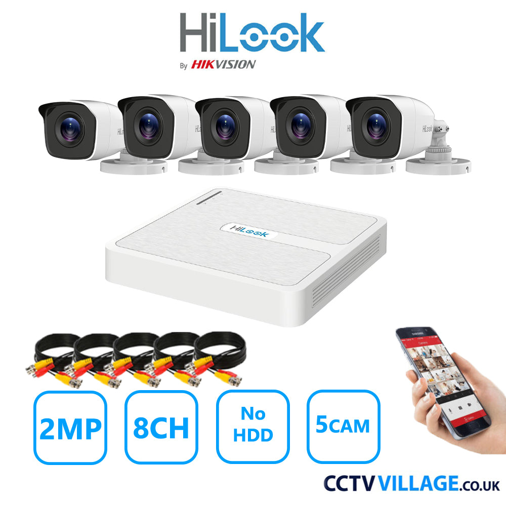 HiLook 2MP CCTV Kit 8 Channel DVR-108G-K1 with 5 Bullet Cameras THC-B120-MC White NO HDD Full Kit