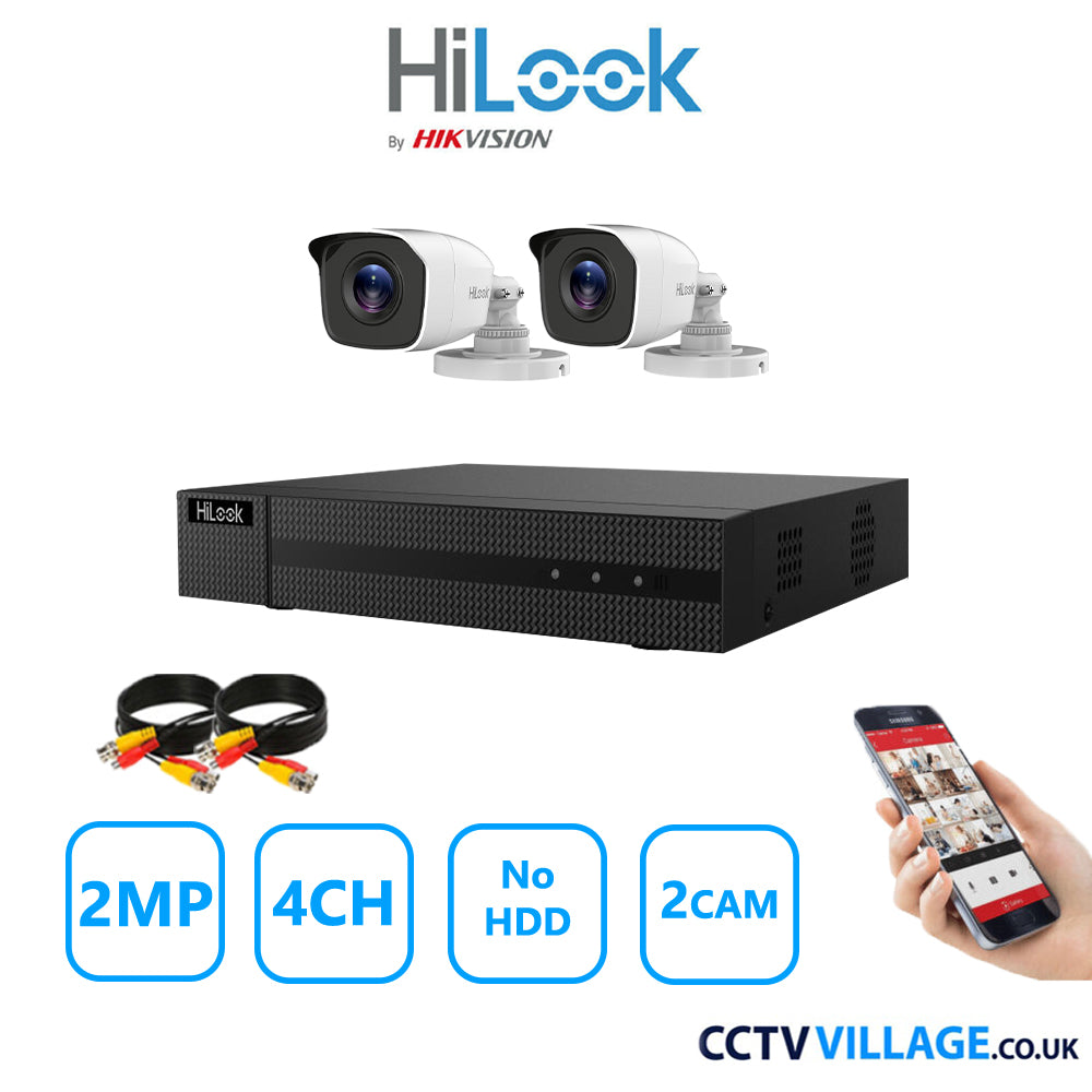 HiLook 2MP CCTV Kit 4 Channel DVR-204G-K1 with 2 Bullet Cameras THC-B120-MC White NO HDD Full Kit