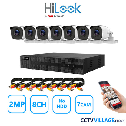 HiLook 2MP CCTV System 8 Channel DVR-208G-K1 with 7 Bullet Cameras THC-B120-MC White NO HDD Full Kit