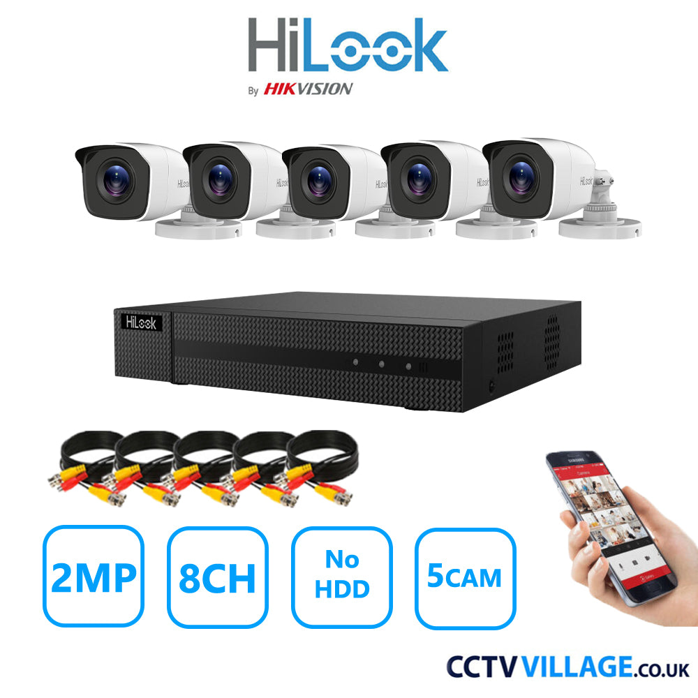 HiLook 2MP CCTV Kit 8 Channel DVR-208G-K1 with 5 Bullet Cameras THC-B120-MC White NO HDD Full Kit